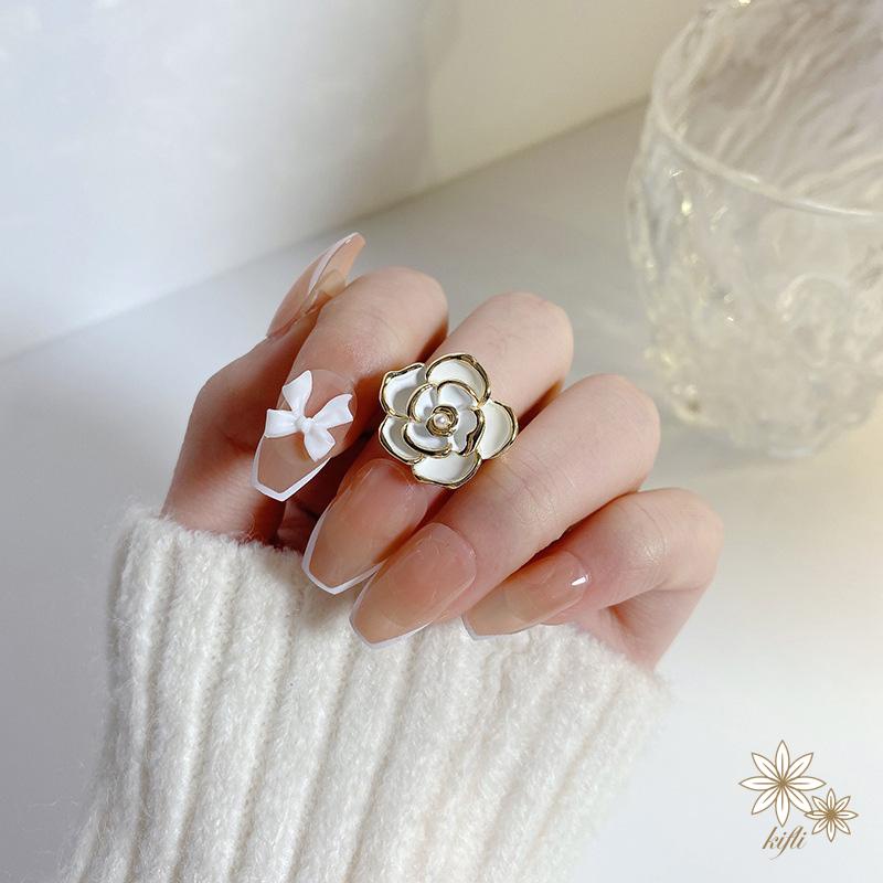 【kifli】Nhẫn hợp kim hình hoa trà đính ngọc trai giả xinh xắn đáng yêu