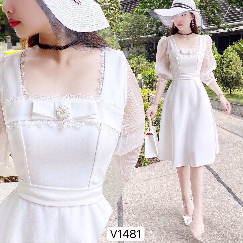 Váy xòe Trắng tay Voan cổ Vuông KÈM TAG CÀI VÀ ĐAI V1481 - DVC (kèm ảnh trải san, mẫu mặc, video thật) MH