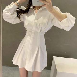 Đầm váy freesize trắng sơ mi xếp li eo