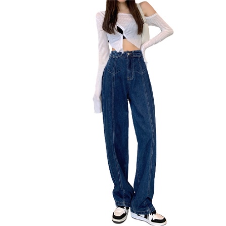 QKOOLE Quần jean  ống đứng lưng cao phong cách cổ điển Hàn Quốc cho nữ