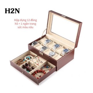 [có sẵn} hộp đựng đồng hồ trang sức mắt kính 2 tầng vỏ da pu
