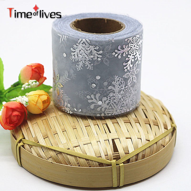 Cuộn Dây Ruy Băng Lưới 6cm 25 Yard Họa Tiết Bông Tuyết Lấp Lánh Làm Đồ Thủ Công Diy