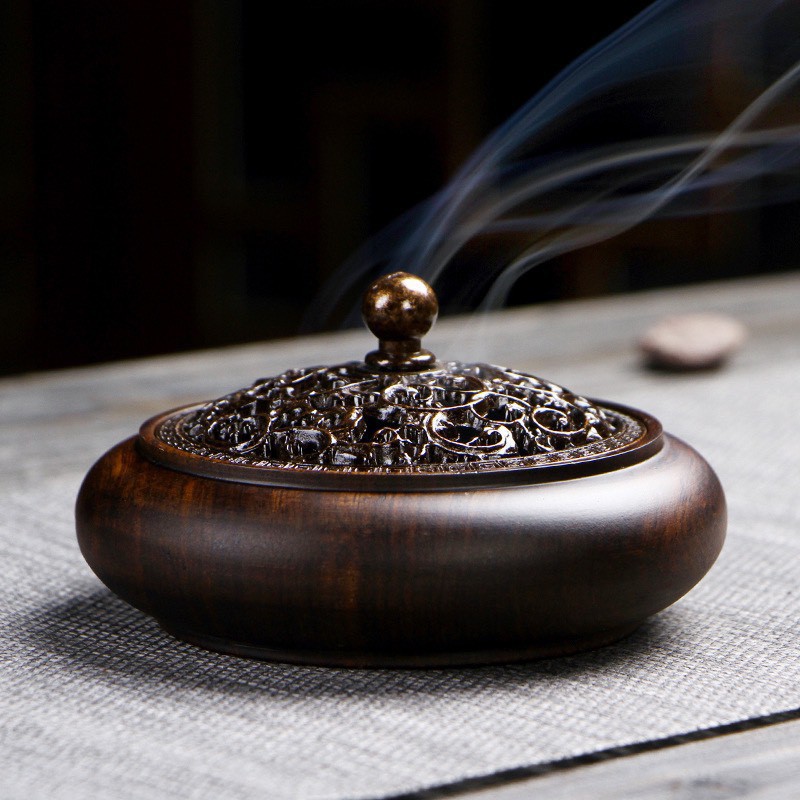 Lư đốt trầm hương LDT04 hình tròn 10.5x5.5cm nhang nụ, nhang vòng bằng gỗ mun chống cháy