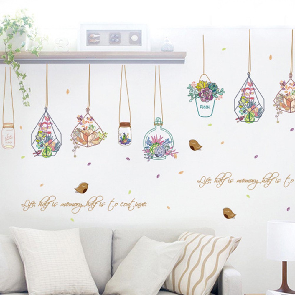 Sticker Dán Tường Nghệ Thuật Với Họa Tiết Hình Chậu Hoa Theo Phong Cách Hoạt Hình Dùng Trang Trí Phòng Ngủ