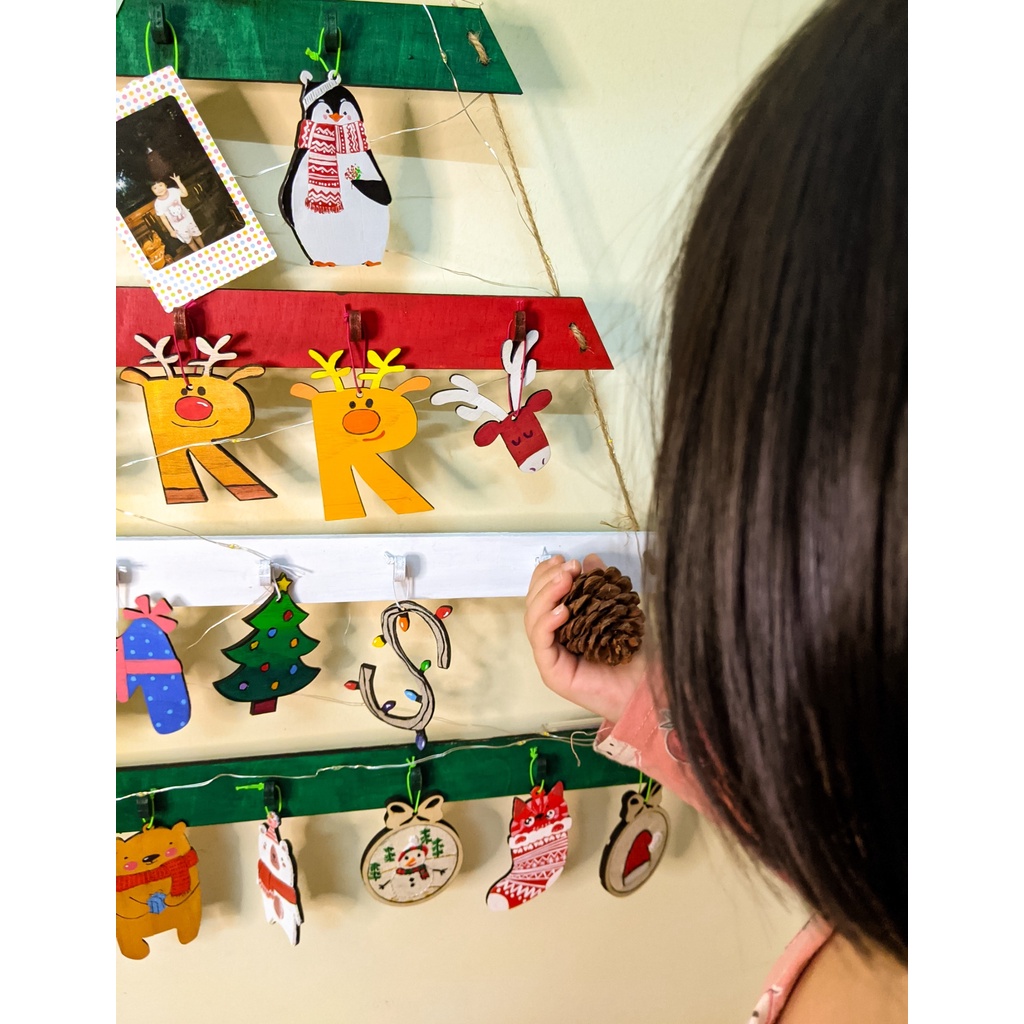 Cây thông treo tường kèm 26 phụ kiện gỗ , trang trí giáng sinh, phụ kiện trang trí Noel