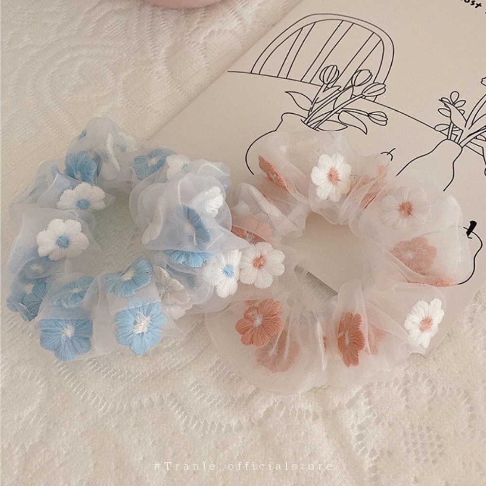 Buộc tóc scrunchies cao cấp hoạt tiết phối hoa