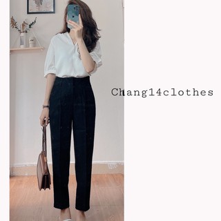 Áo sơ mi lụa cát cổ V đính ngọc ngắn tay công sở