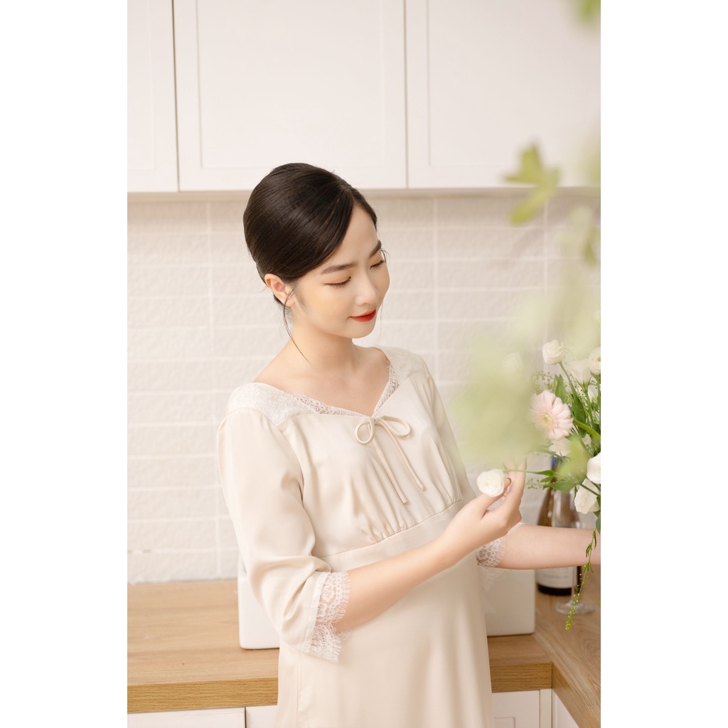 MEDYLA - Váy ngủ bầu mặc nhà lụa kem phối ren - VS1071