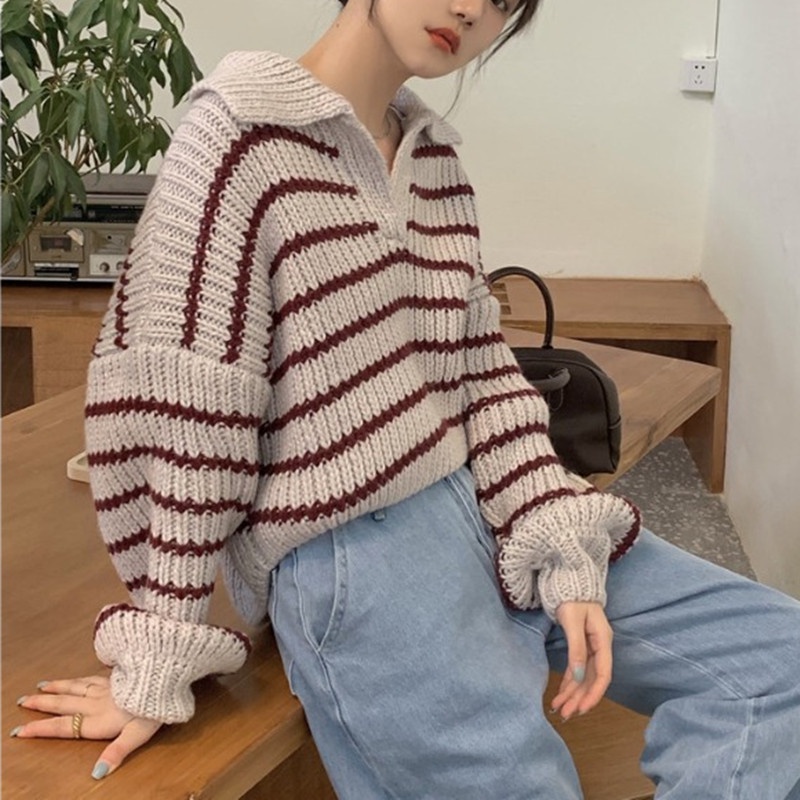 Áo sweater NZN dệt kim cổ bẻ dáng rộng họa tiết kẻ sọc thời trang thu đông mới dành cho nữ