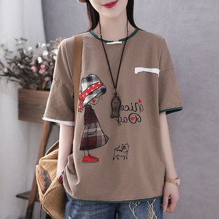 M-3xl 100% c Cotton Nguyên Chất i Văn Học Mùa Hè Nửa Tay Áo Thun Nữ In Hình Dáng Rộng Kích Thước Lớn Tay 5 Điểm Bé Gái Top