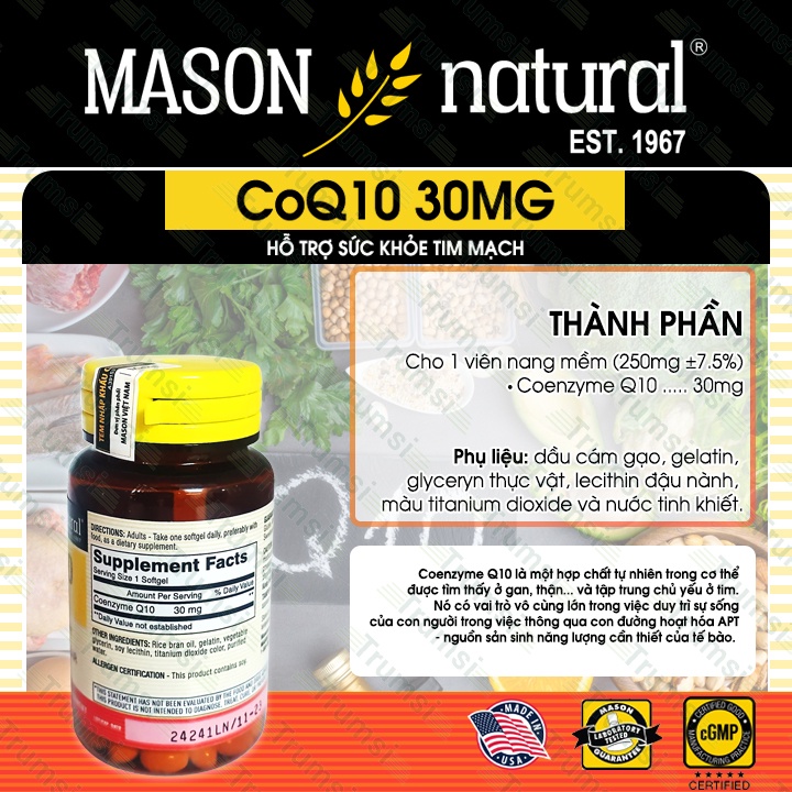 Viên uống bổ tim Mason Natural CoQ10 30mg giúp giảm cholesterol máu ổn định huyết áp hỗ trợ sức khỏe tim mạch hiệu quả
