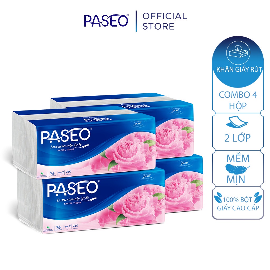 Combo 4 gói khăn giấy rút cao cấp Paseo dai, mềm mịn /gói