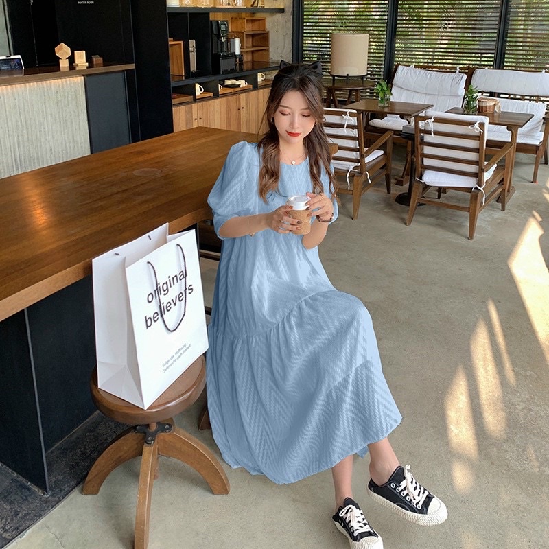 Đầm trơn dáng dài babydoll siêu xinh bầu bì bon chen thoải mái