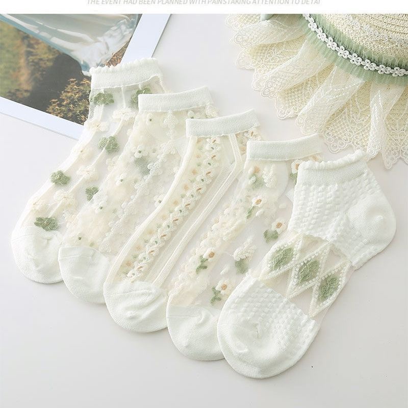Combo 8 đôi tất cổ ngắn lưới mỏng thấm hút hoạ tiết hoa màu dễ thương