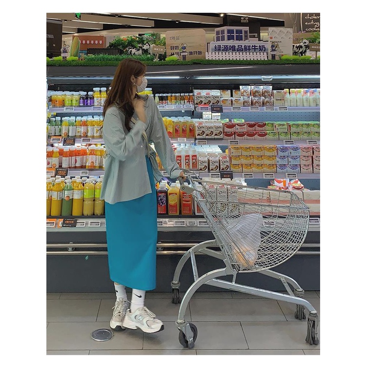 Set Áo Sơ Mi Kẻ Sọc Xanh Dương Phối Chân Váy Xẻ Tà Lưng Cao Thời Trang Hàn Quốc Cá Tính Cho Nữ