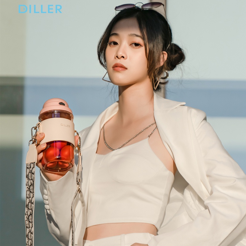 Bình nước Diller D65 có ống hút thiết kế chống tràn không chứa BPA cá tính dành cho nữ
