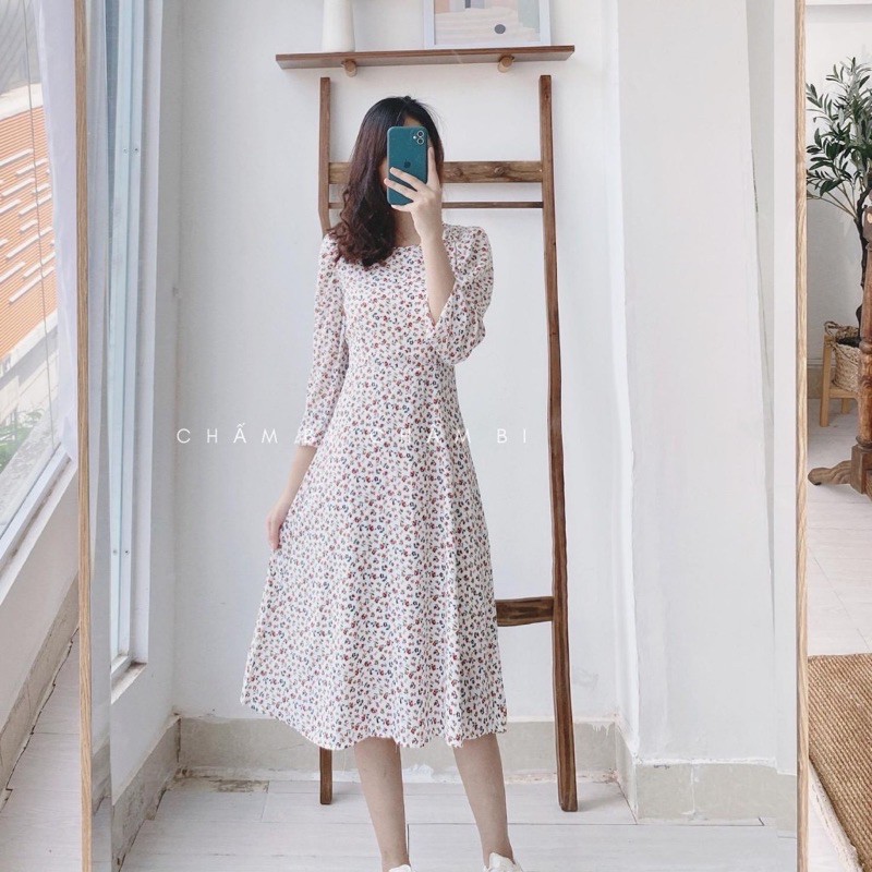[Hàng sẵn] VÁY HOA NHÍ DÀI TAY CÓ DÂY THẮT EO HOẠ TIẾT HOA CỎ