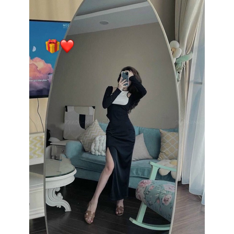 Đầm tay dài yếm bản cổ 2 màu ôm body dáng dài xẻ tà cao cực xinh , chất thun gân mềm mát