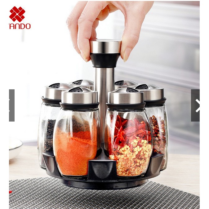 Bộ 6 hũ lọ thủy tinh đựng gia vị, muối, tiêu, ớt cho phòng bếp kèm đế xoay 360 độ