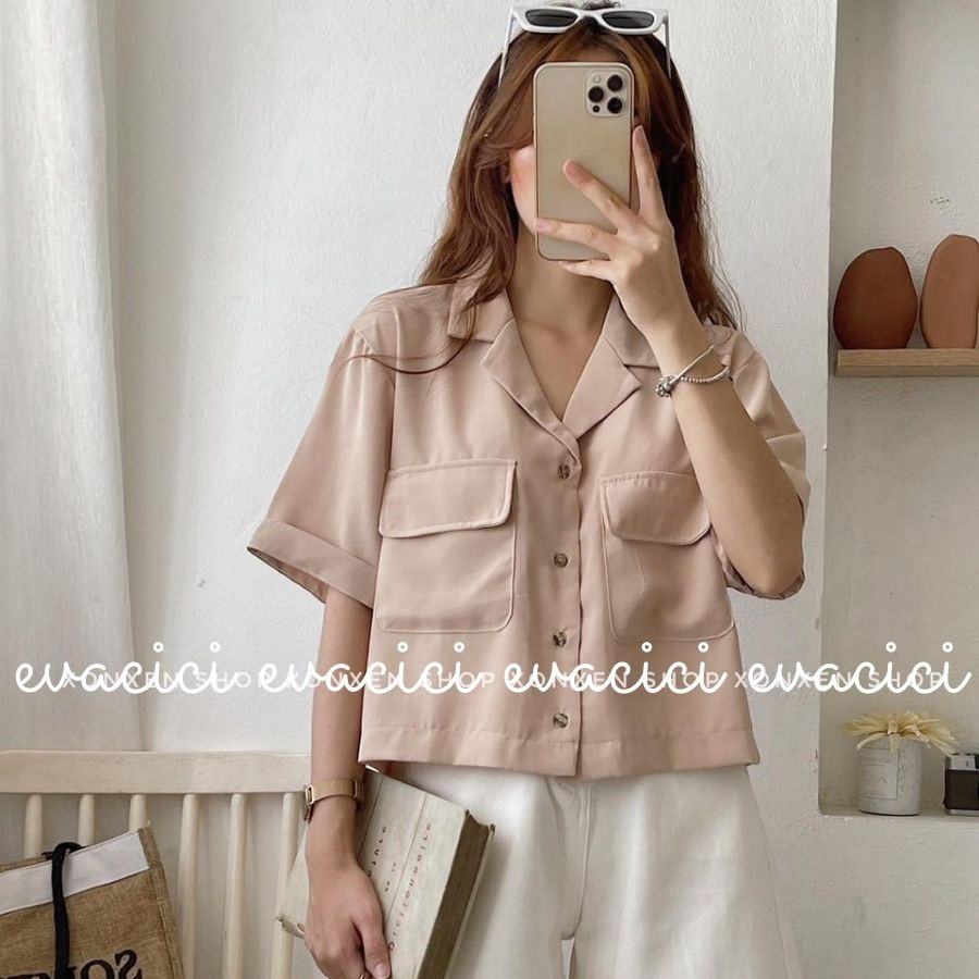 Áo sơ mi xonxen shop cổ vest croptop trẻ trung. Áo sơ mi nữ cổ vest túi ngực croptop