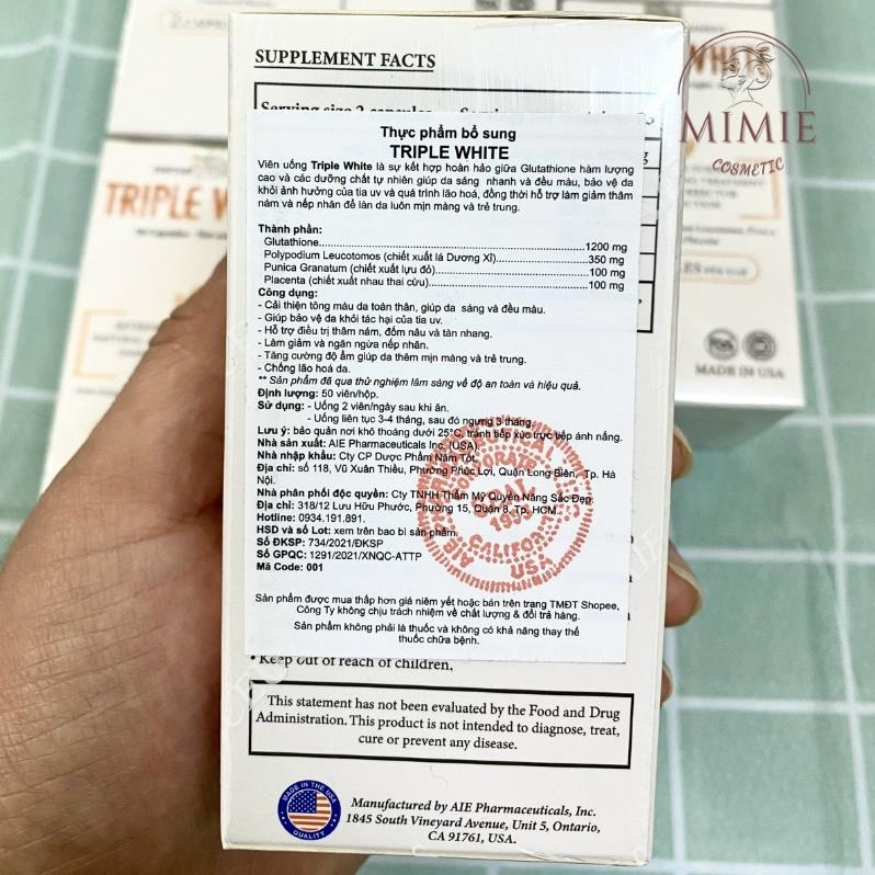 VIÊN UỐNG TRIPLE WHITE - VIÊN UỐNG GLUTATHION 1200MG TRẮNG DA, MỜ NÁM, GIẢM THÂM HỘP 50 VIÊN