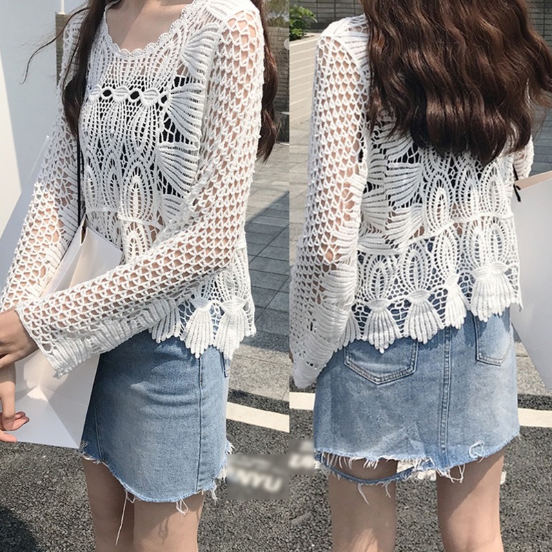 Áo Croptop Dệt Kim Phối Ren Hoa Tay Dài Ống Loe Che Phủ Lỗ Thời Trang Mùa Hè Cho Nữ