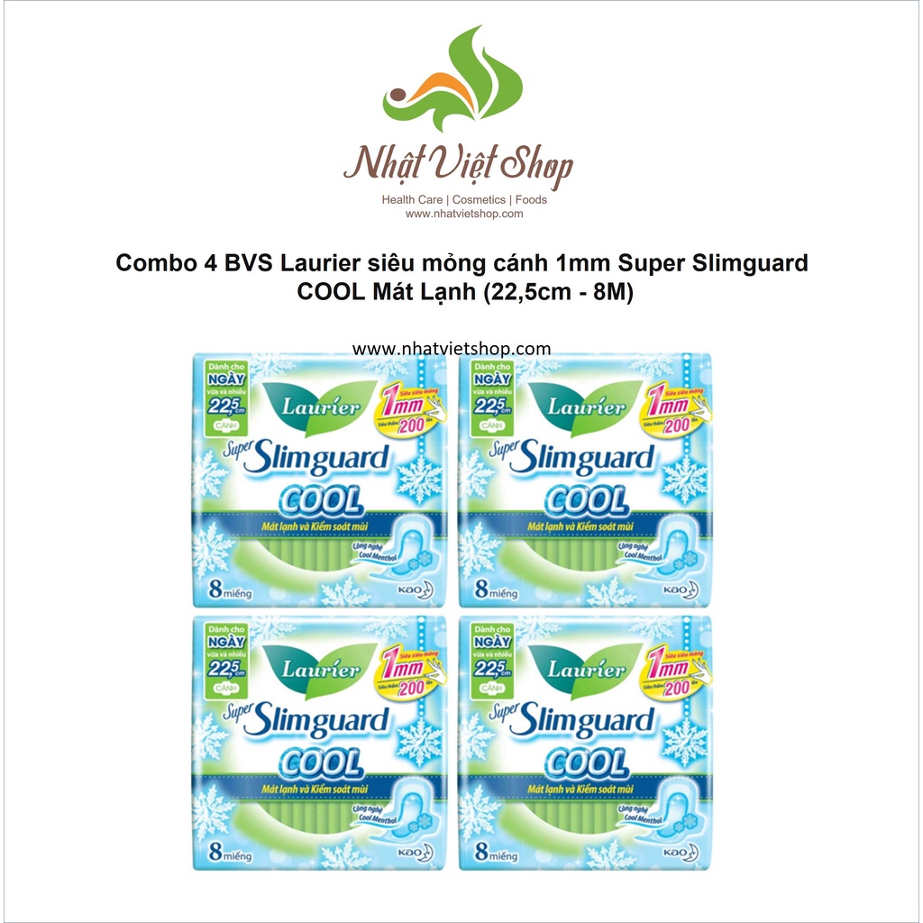 Combo 4 Gói Băng Vệ Sinh Laurier Siêu Mỏng Cánh 1mm Super Slimguard Cool Mát Lạnh (22,5cm-8M)