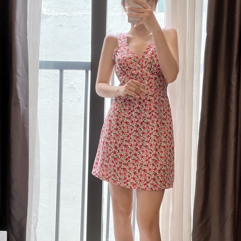 Đầm hoa thiết kế lụa Hàn thiết kế bèo nhún 2 lớp