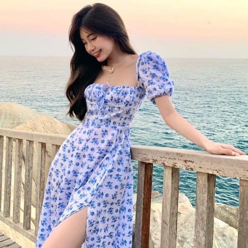 Đầm maxi xẻ hoa xanh dài đi biển | BigBuy360 - bigbuy360.vn