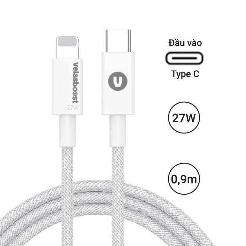 Cáp sạc nhanh PD Velasboost 27W dài 0.9m , hỗ trợ sạc nhanh iP