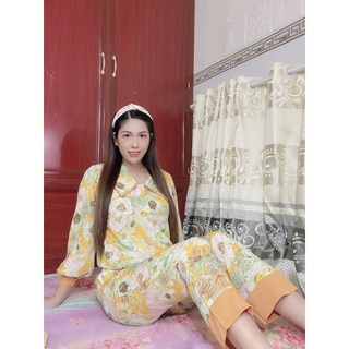 Đồ Bộ Pizama Lụa Mango Cổ Nhọn Tay Dài