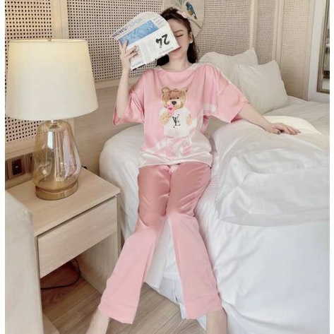 Set Bộ Satin Pijama Cổ Tròn Tay Lỡ Quần Dài Mặc Nhà Nữ