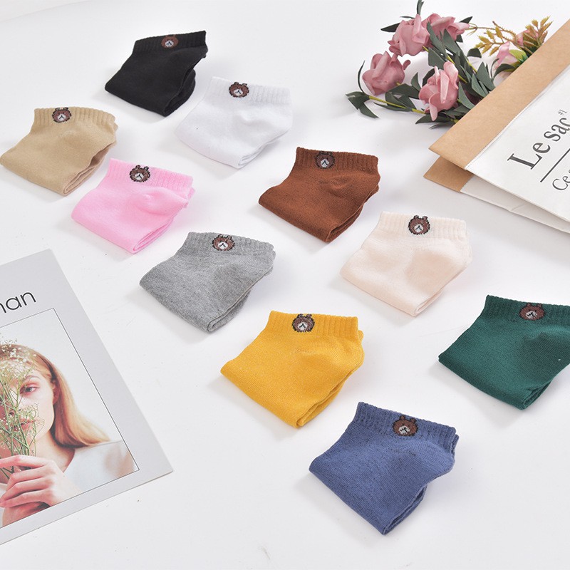 Tất cotton AOWEINISI cổ cao thoáng khí in hình gấu hoạt hình 10 màu