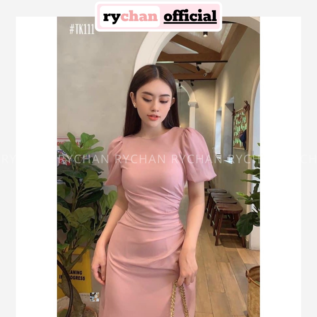 Đầm Xòe Midi Hồng Lệch Tà Nhún Sườn [Ảnh Thật Cuối] - DX0053