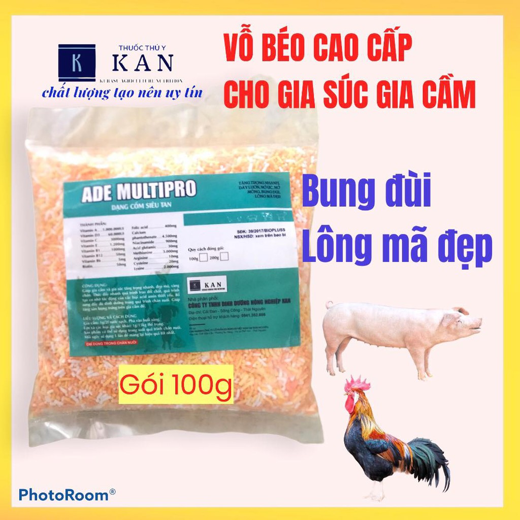 Vỗ béo tăng lực, tăng sức đề kháng dày lườn, đẹp mã cho gia súc gia cầm, dạng cốm siêu tan gói 100g