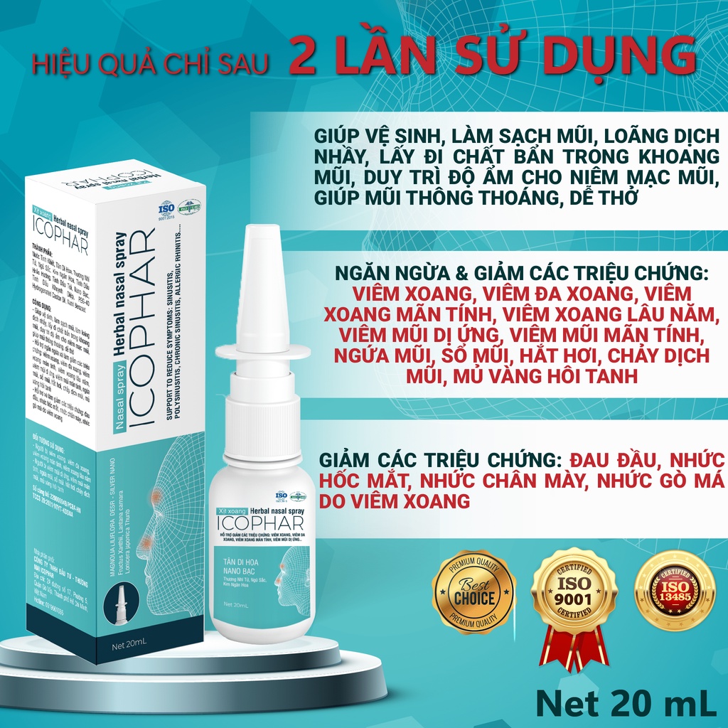 Xịt xoang Herbal Nasal Spray ICOPHAR - 20mL - Ngăn ngừa, giảm các triệu chứng viêm xoang, làm sạch khoang mũi, dễ thở