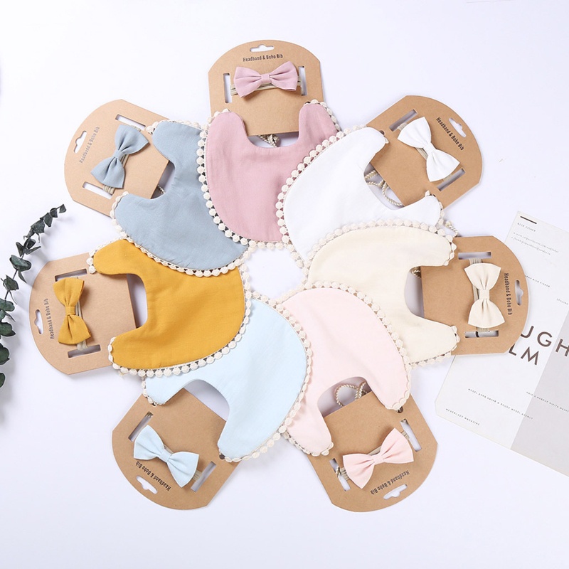 Set 2 Yếm Ăn Cotton Màu Trơn Hình Tam Giác Thắt Nơ Xinh Xắn