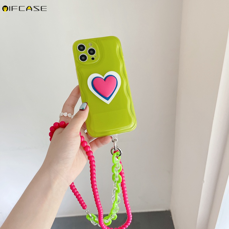Ốp Điện Thoại Mềm Họa Tiết Trái Tim Có Dây Đeo Cho iPhone 13 12 11 Pro Max XS Max XR X