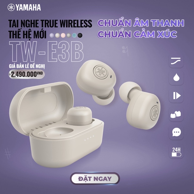 Tai Nghe True Wireless YAMAHA TW-E3B, Bluetooth 5.0, Cảm Ứng, Kháng Nước IPX5, Hộp sạc nghe đến 24H, Bảo hành 12T