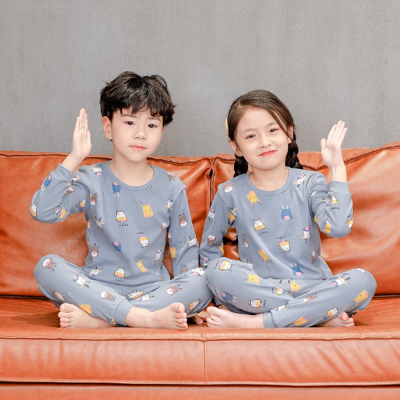 Bộ đồ ngủ tay dài chất liệu cotton phong cách Hàn Quốc thời trang mùa thu dành cho bé 3-14 tuổi