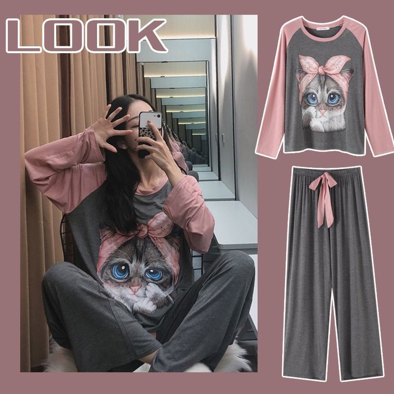 Bộ đồ ngủ thu đông pijama dài tay họa tiết hoạt hình, bộ đồ ngủ nữ hình mèo dễ thương style Hàn Quốc