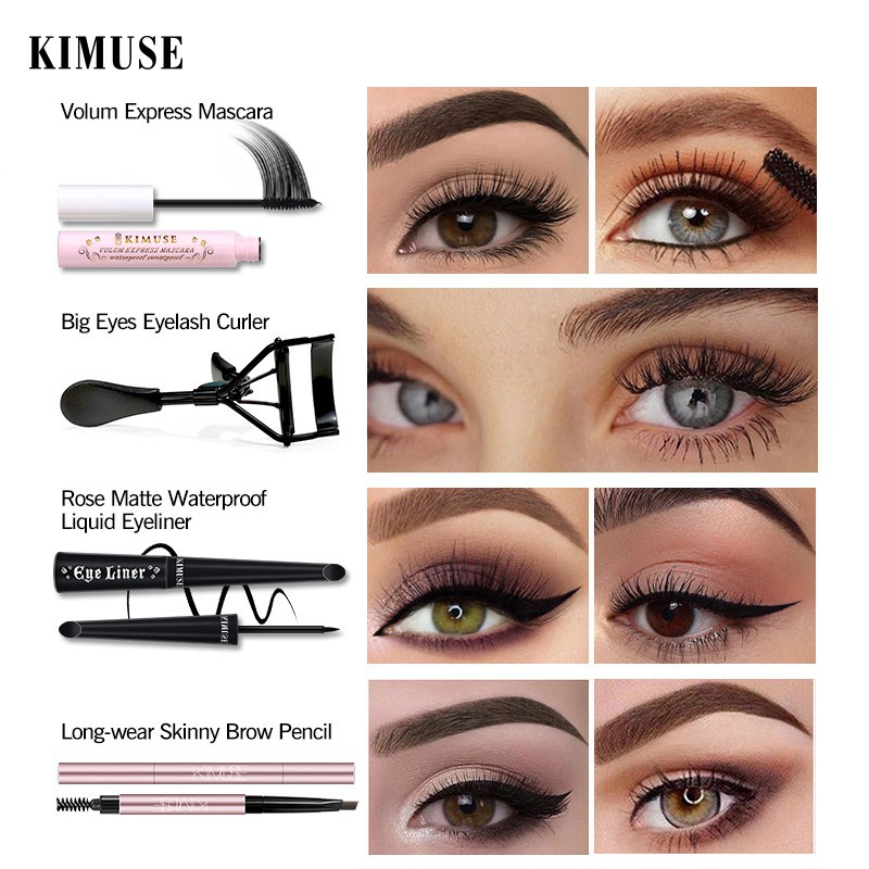 Bộ 4 Món KIMUSE Gồm Bút Kẻ Mày 2 Đầu Chống Nước + Mascara Dày Mi + Bút Kẻ Mắt Dạng Lỏng + Dụng Cụ Bấm Cong Lông Mi 110g