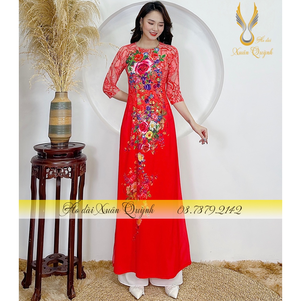 Áo Dài Truyền Thống Hoa Hồng Duyên Dáng Sang Trọng Nổi Bật Lụa Habutai K05 Đỏ - Áo Dài Xuân Quỳnh