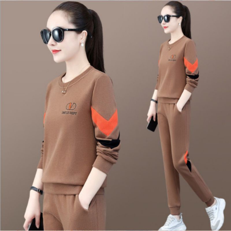 Đồ Bộ thể thao nữ thu đông cổ tròn có túi sâu - Đồ bộ thu đông dài tay chất umi hàn phun logo nổi trước ngực