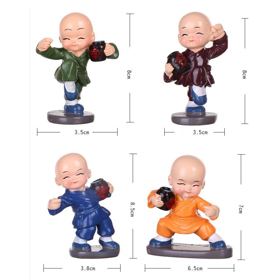 Set 4 tượng chú tiểu múa túy quyền ngộ nghĩnh bày taplo ô tô, trang trí bàn làm việc, bày kệ phòng khách - HO14