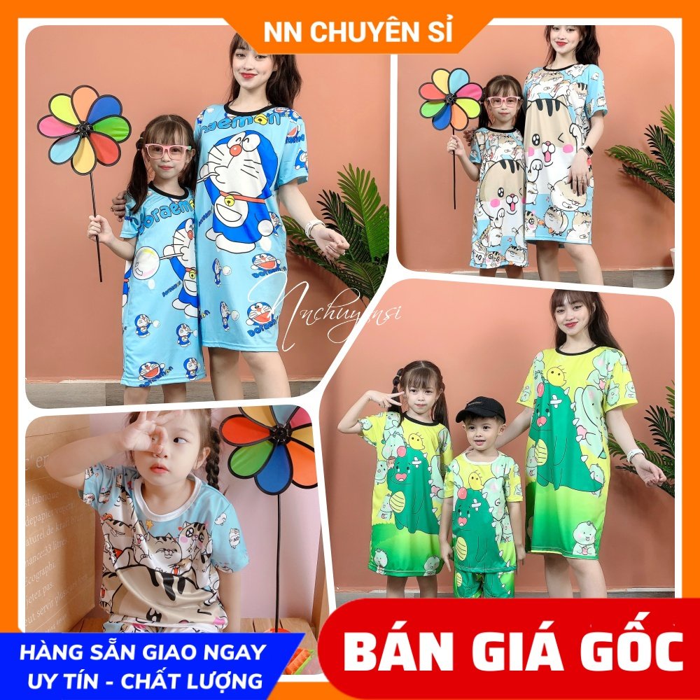 Set bộ gia đình đầm suông mẹ và bé đủ size đến 70kg chất thun mềm mát in doremon hoạt hình dễ thương Set đầm đồ bộ DBRB