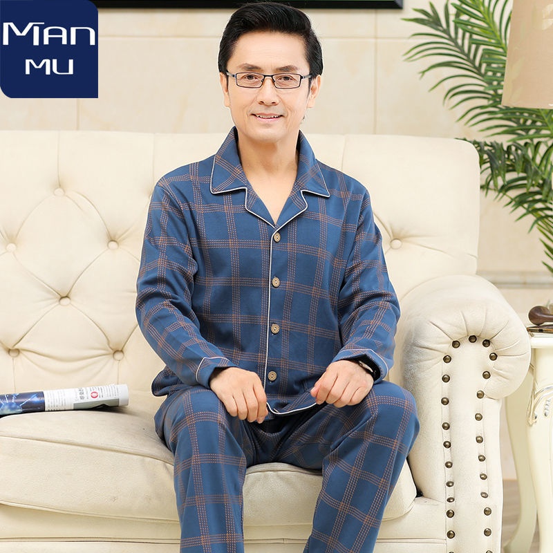 Mùa xuân và mùa thu cho người trung niên và người lớn tuổi bộ đồ ngủ bằng vải cotton tinh khiết của nam giới dài tay bộ