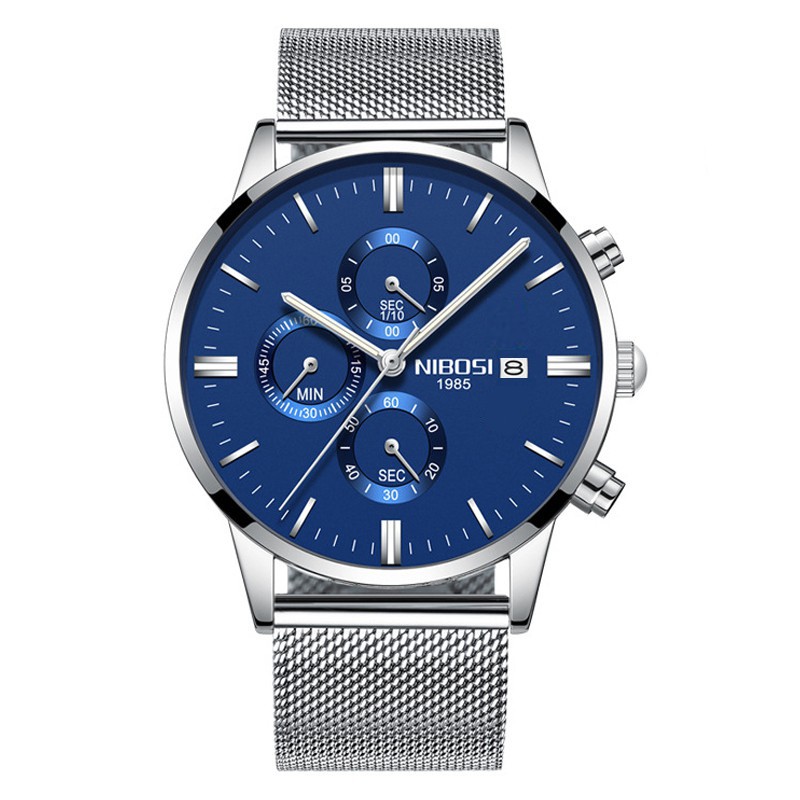 Đồng hồ nam Nibosi dây lưới màu bạc kiểu dáng thể thao