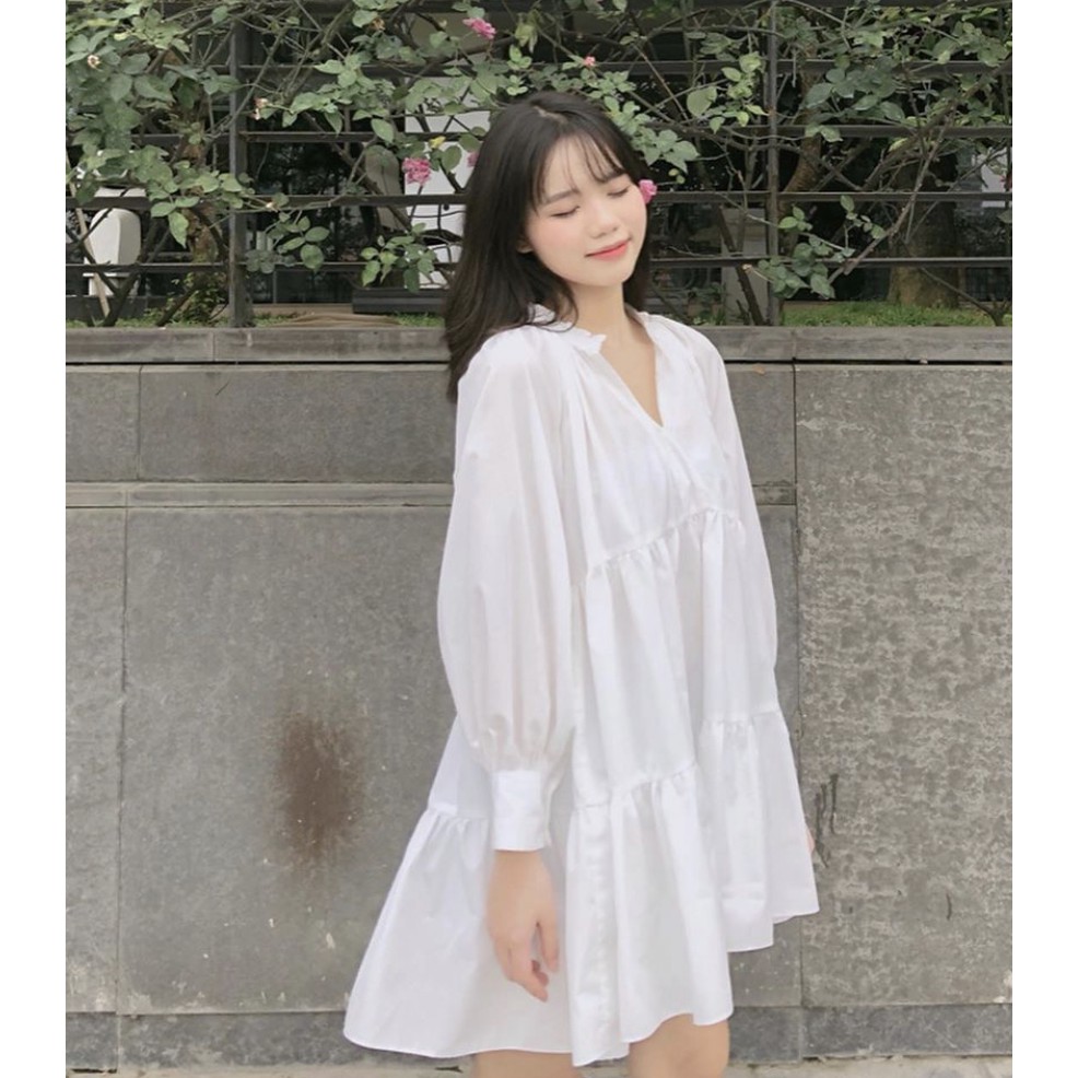 Đầm Suông Cổ Trụ Tầng Babie (TRẮNG)