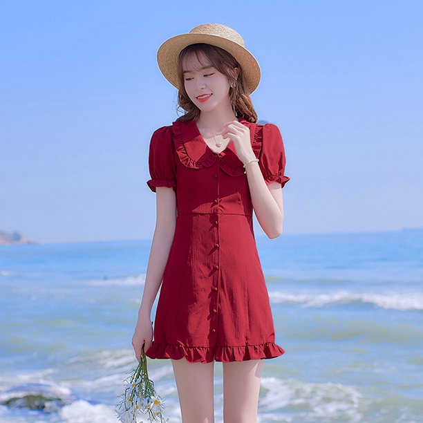 Váy đỏ đô FORYOU đầm cổ sen bèo tay bồng cúc giữa nhún bèo chân váy - Suri Dress | BigBuy360 - bigbuy360.vn